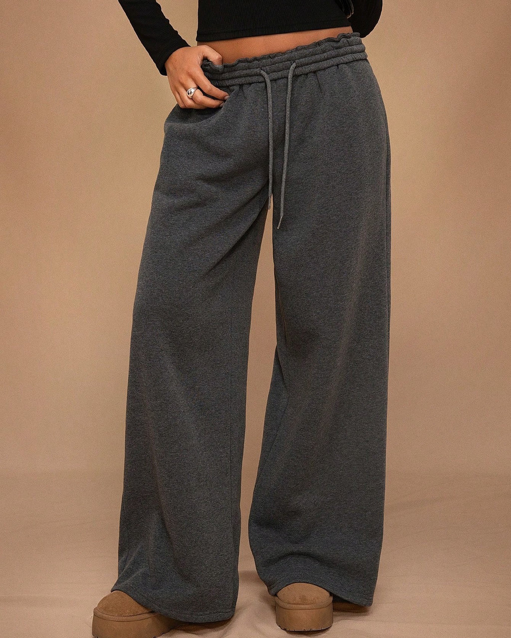 Wide Leg Drawstring Sweatpants With Pockets - Gray