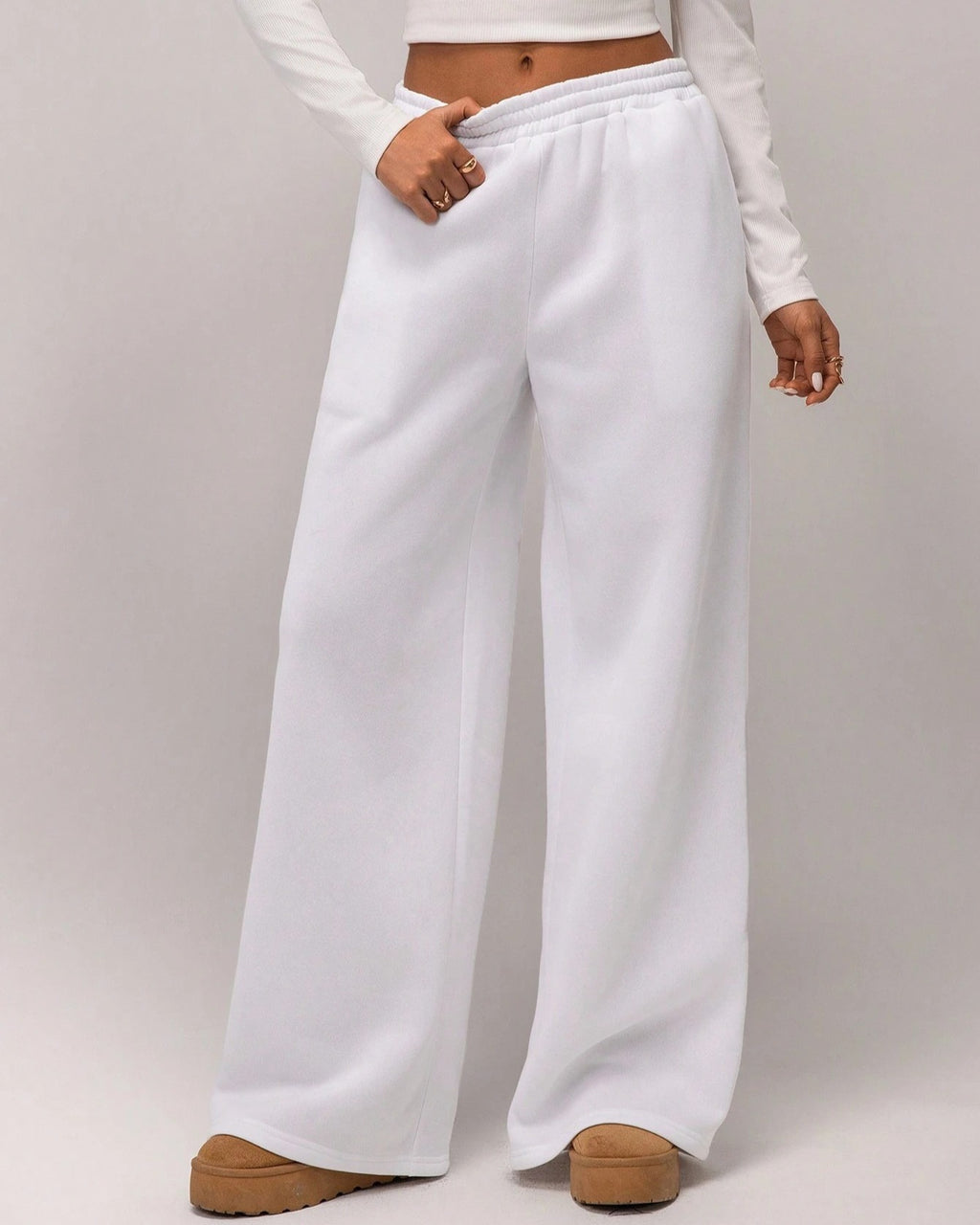 Wide Leg Drawstring Sweatpants With Pockets - White