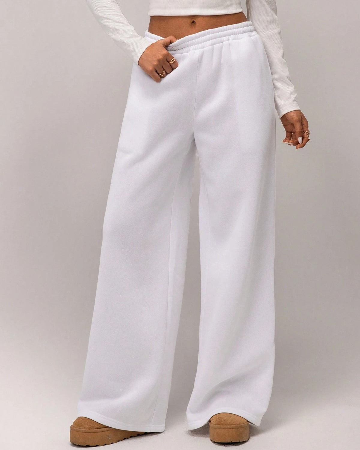 Wide Leg Drawstring Sweatpants With Pockets - White