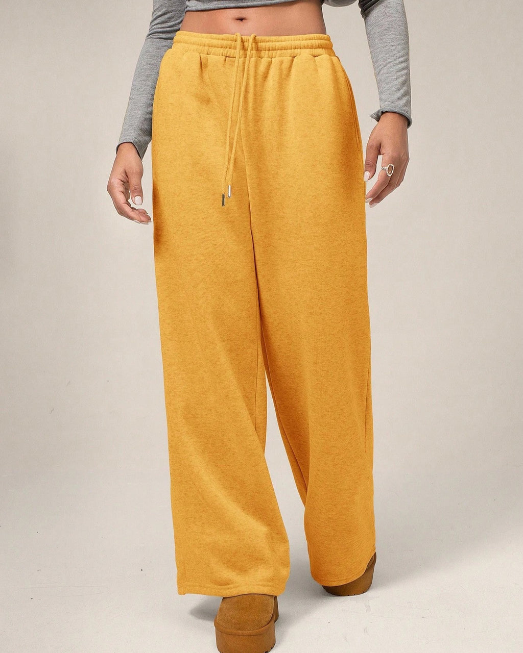 Wide Leg Drawstring Sweatpants With Pockets - Yellow