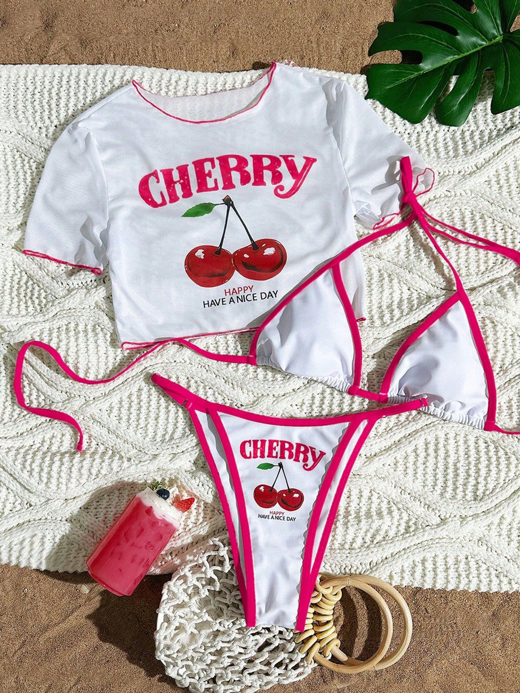 Graphic Print Bikini Set With Cover Up Tee - Cherry_P