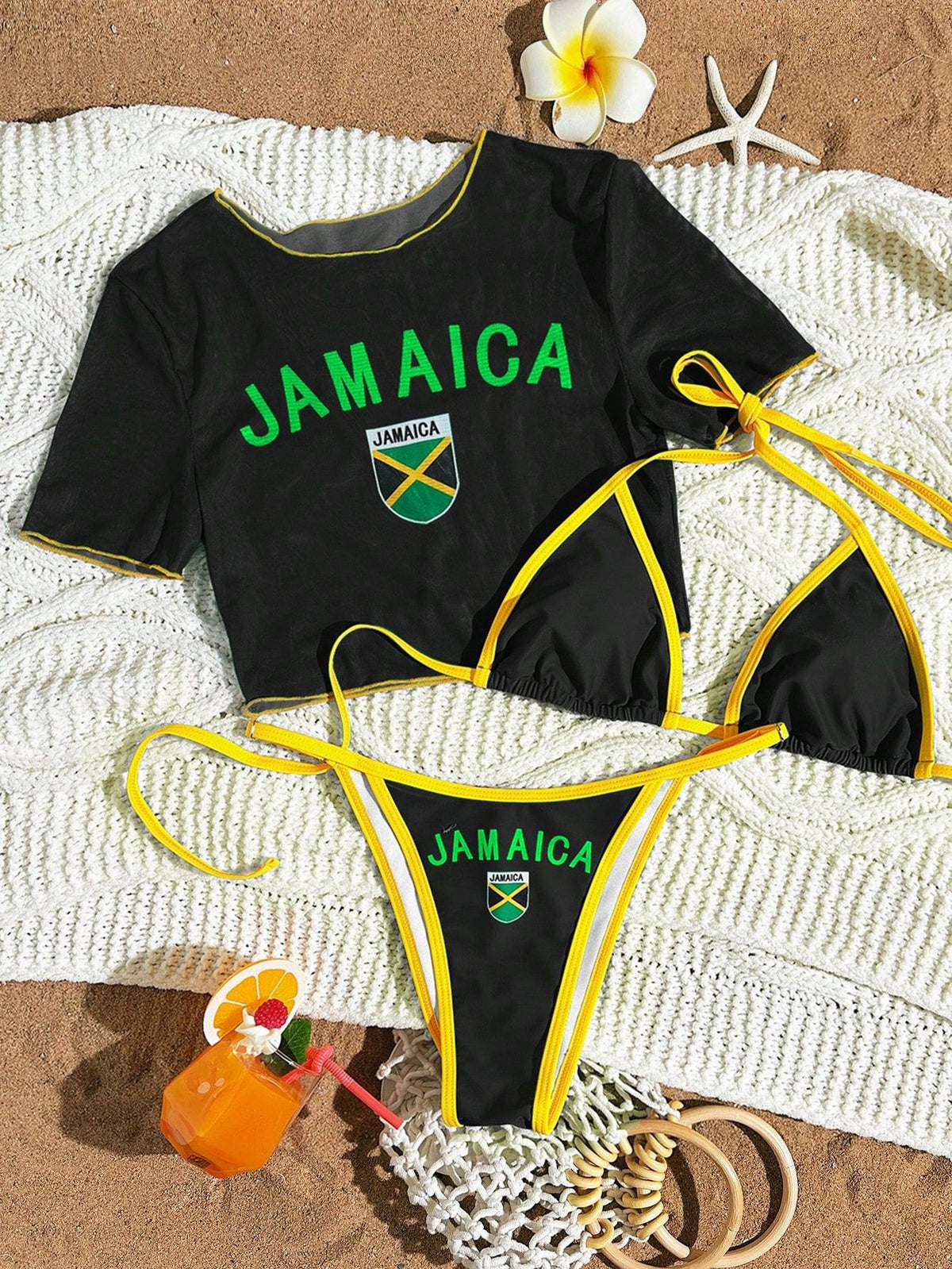 Graphic Print Bikini Set With Cover Up Tee - JAMAICA_B