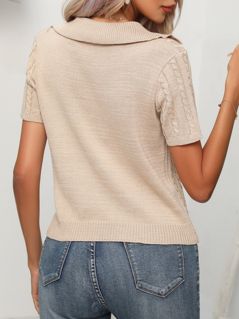 Textured Cable Knit Johnny Collar Top - Khaki - 2