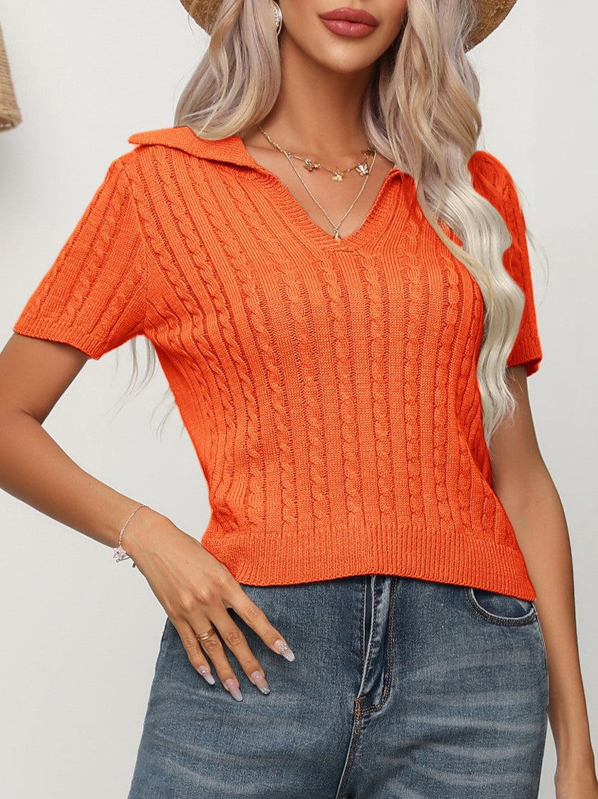 Textured Cable Knit Johnny Collar Top - Orange