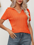 Textured Cable Knit Johnny Collar Top - Orange