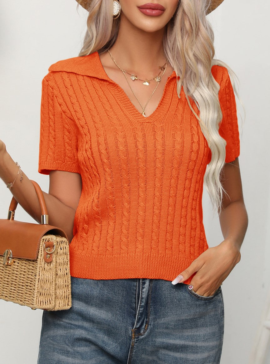 Textured Cable Knit Johnny Collar Top - Orange - 1