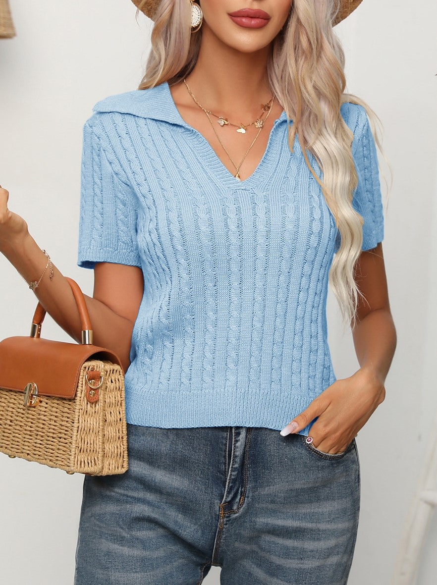 Textured Cable Knit Johnny Collar Top