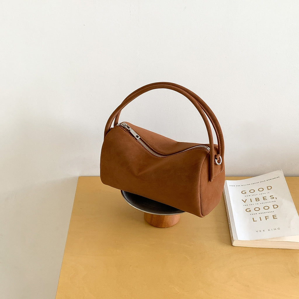 Faux Suede Mini Barrel Shoulder Bag - Brown