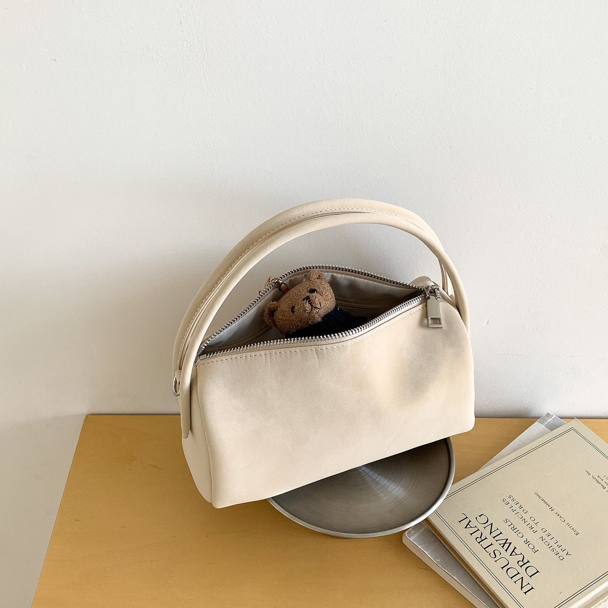 Faux Suede Mini Barrel Shoulder Bag - Cream