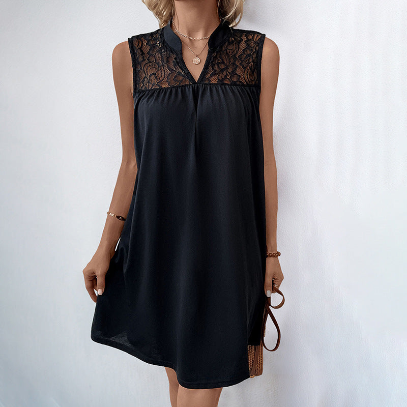 Stand Collar Lace Insert Sleeveless Shift Dress - Black