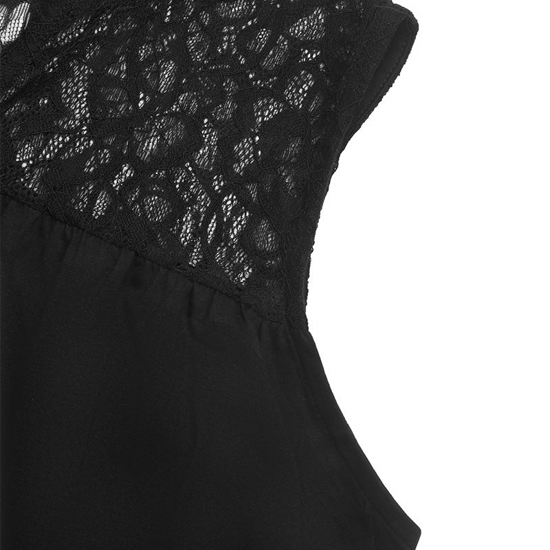 Stand Collar Lace Insert Sleeveless Shift Dress - Black - 3