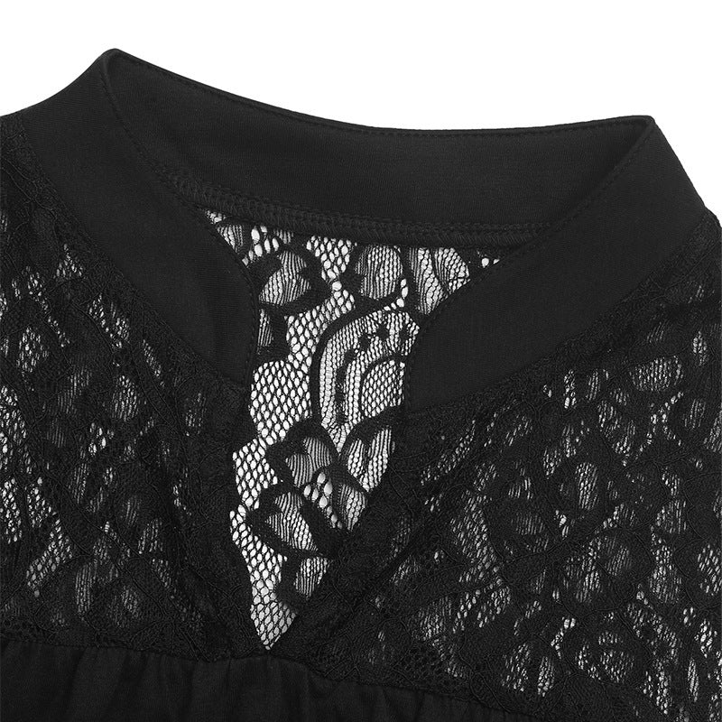 Stand Collar Lace Insert Sleeveless Shift Dress - Black - 4