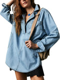 Slouchy Washed Denim Half Placket Pullover - Blue