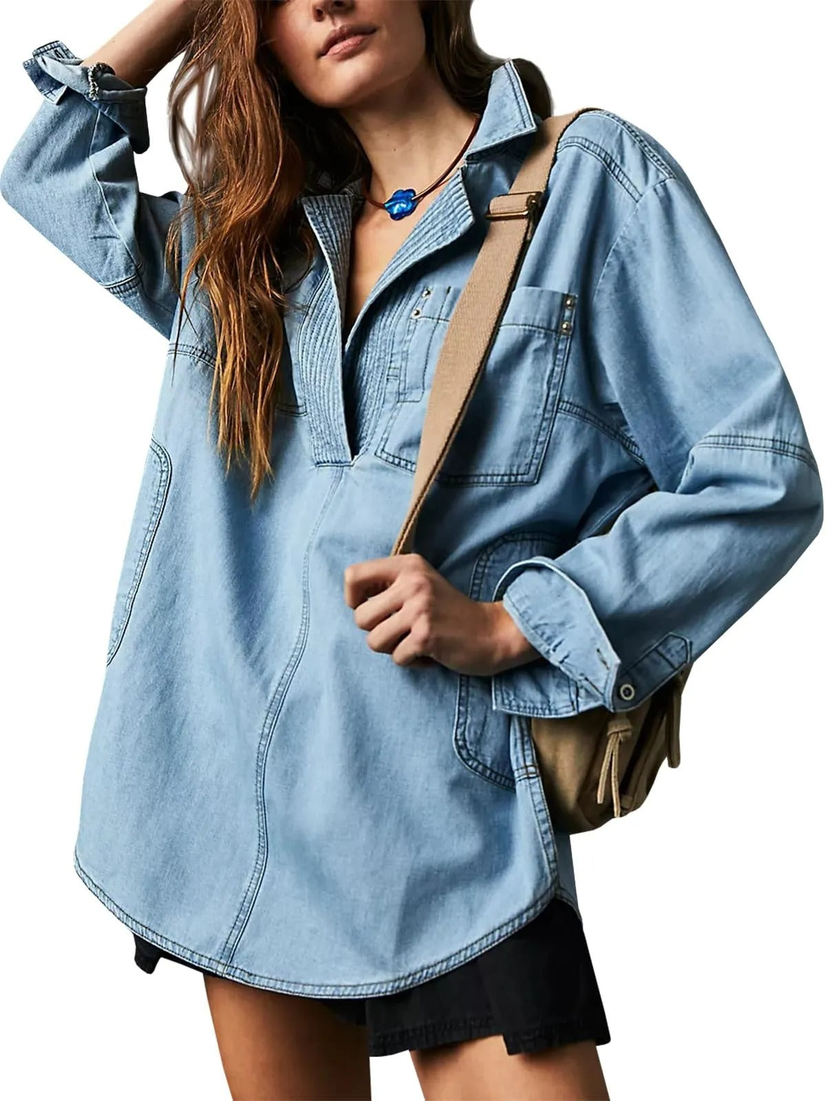 Slouchy Washed Denim Half Placket Pullover - Blue