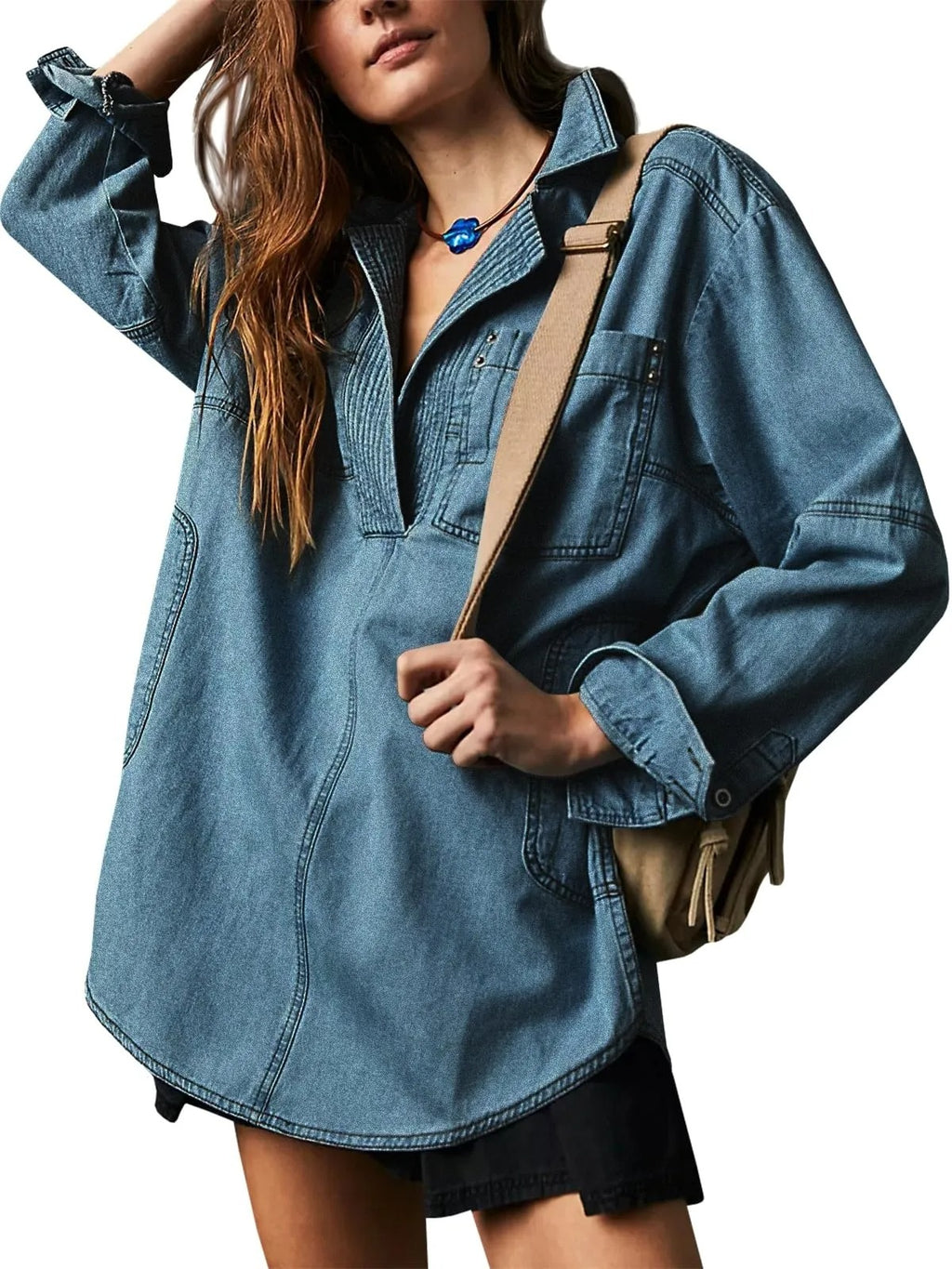 Slouchy Washed Denim Half Placket Pullover - DarkBlue