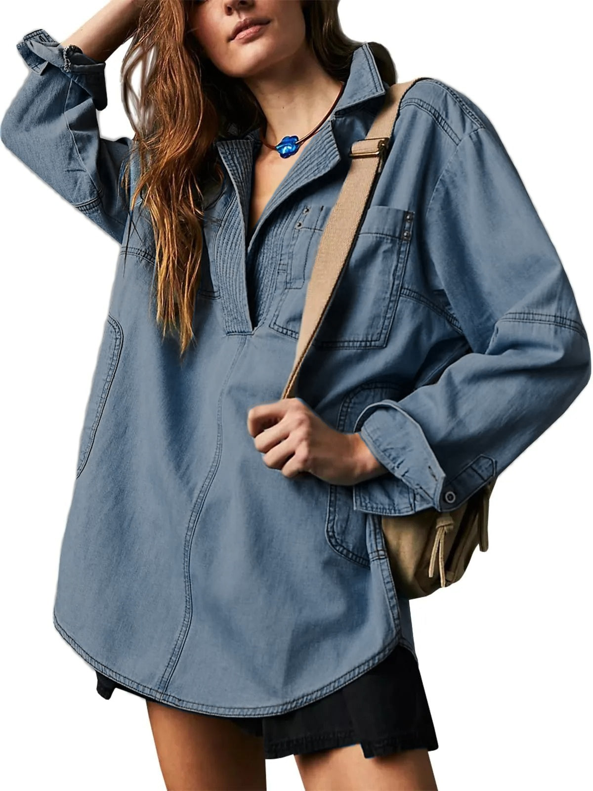 Slouchy Washed Denim Half Placket Pullover - Lightblue