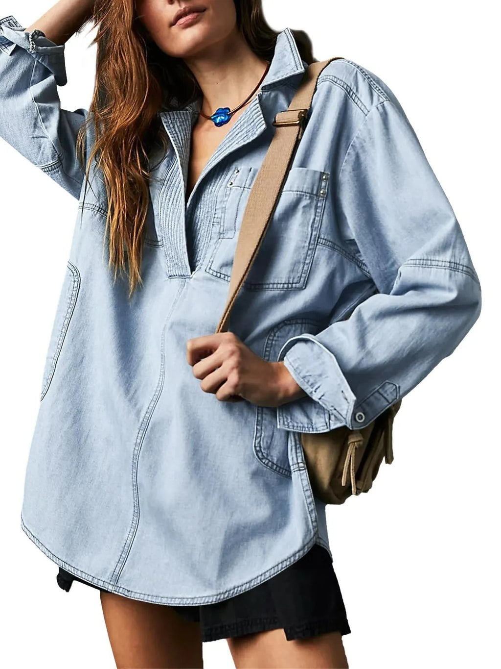 Slouchy Washed Denim Half Placket Pullover - Lightblue - 1