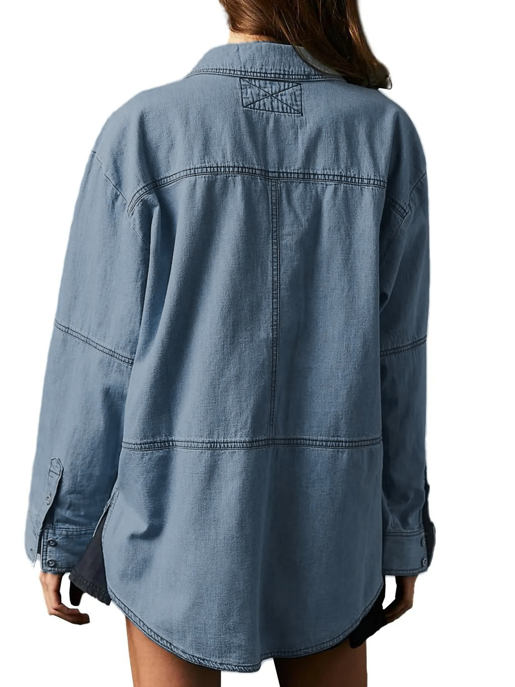 Slouchy Washed Denim Half Placket Pullover - Lightblue - 2