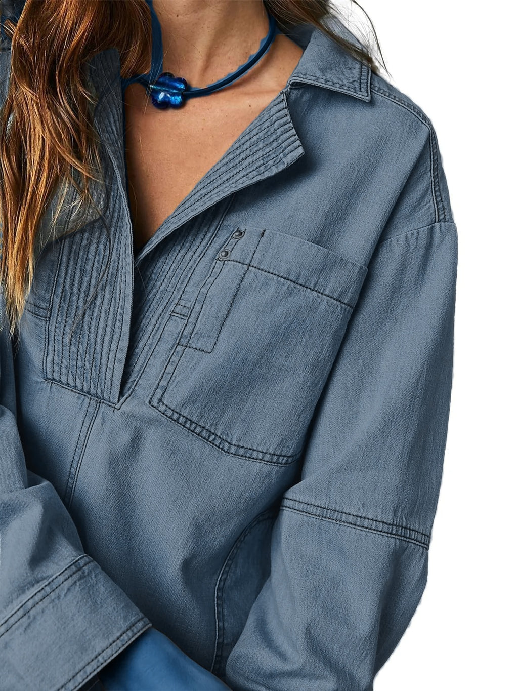 Slouchy Washed Denim Half Placket Pullover - Lightblue - 3
