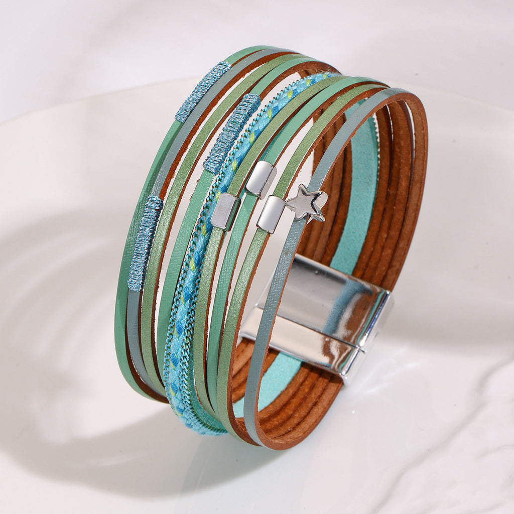 Layered Faux Leather Cuff Bracelet with Star Charms - Lake_Blue