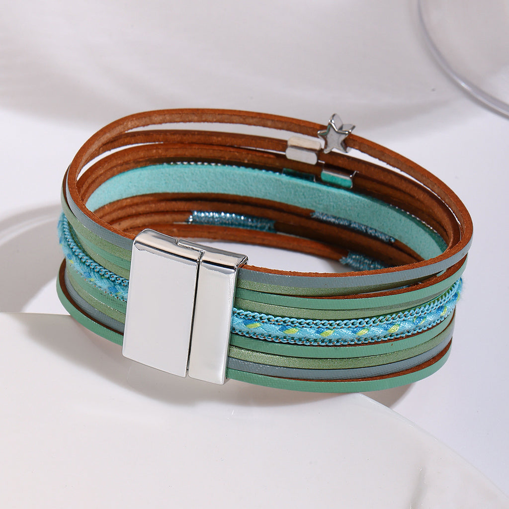 Layered Faux Leather Cuff Bracelet with Star Charms