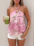 Floral Chiffon Halter Neck Tank Top - Pink