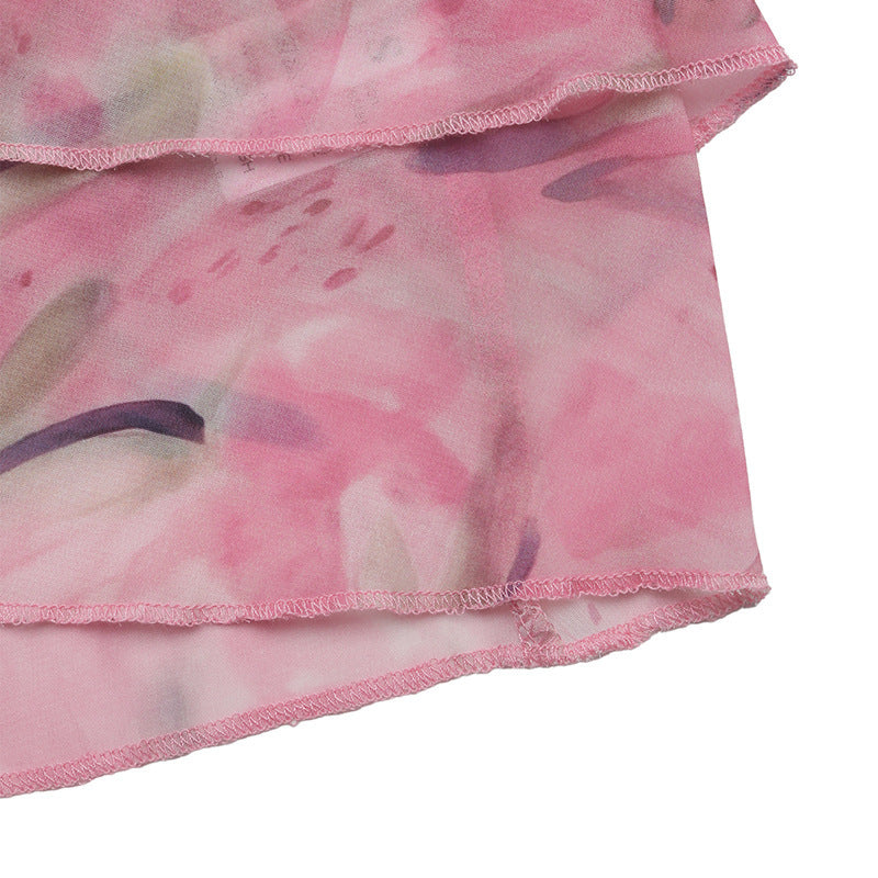 Floral Chiffon Halter Neck Tank Top - Pink - 2