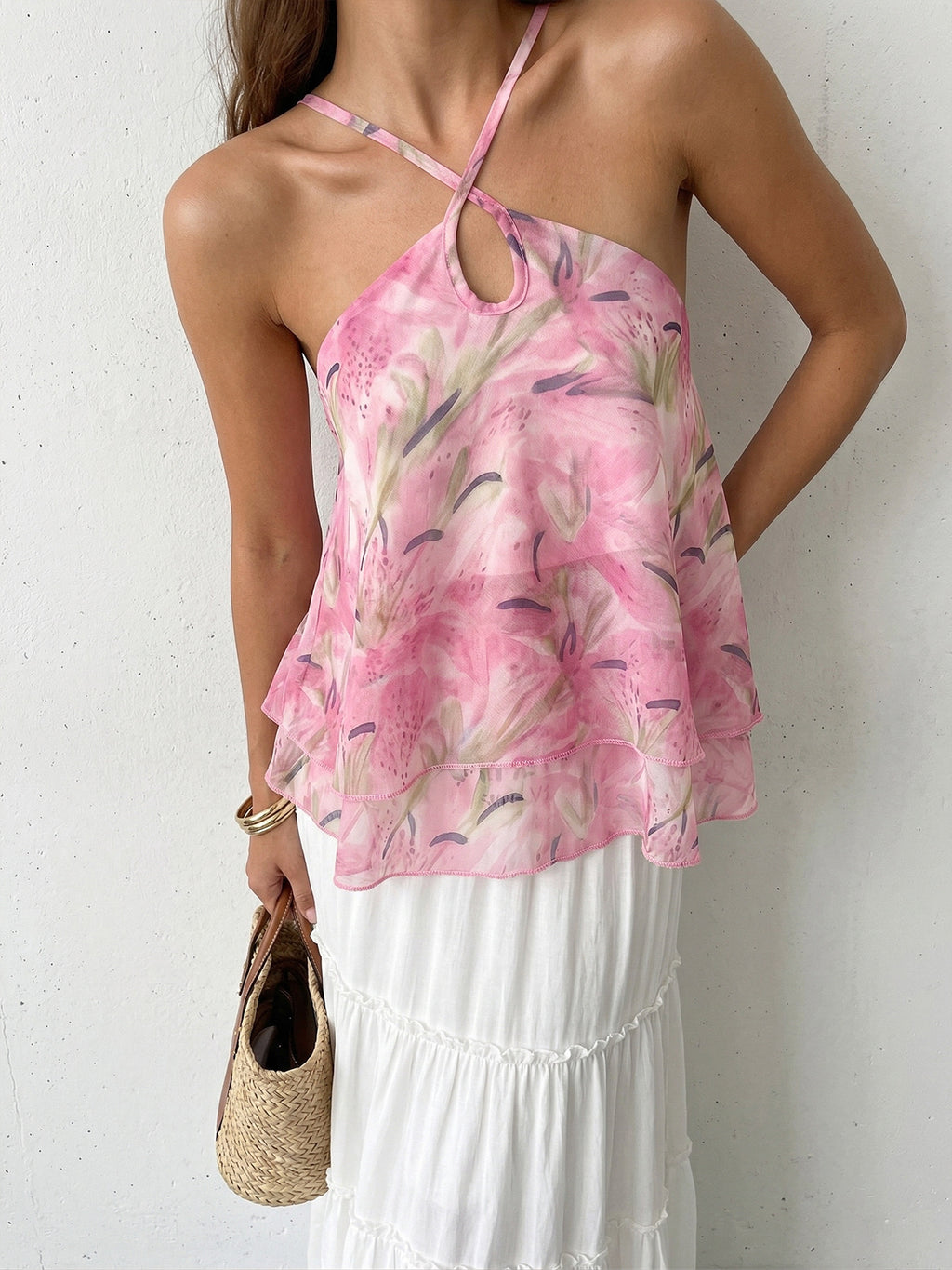 Floral Chiffon Halter Neck Tank Top - Pink - 4