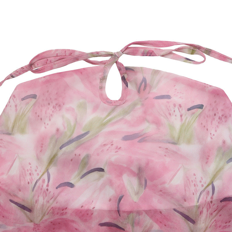 Floral Chiffon Halter Neck Tank Top - Pink - 5