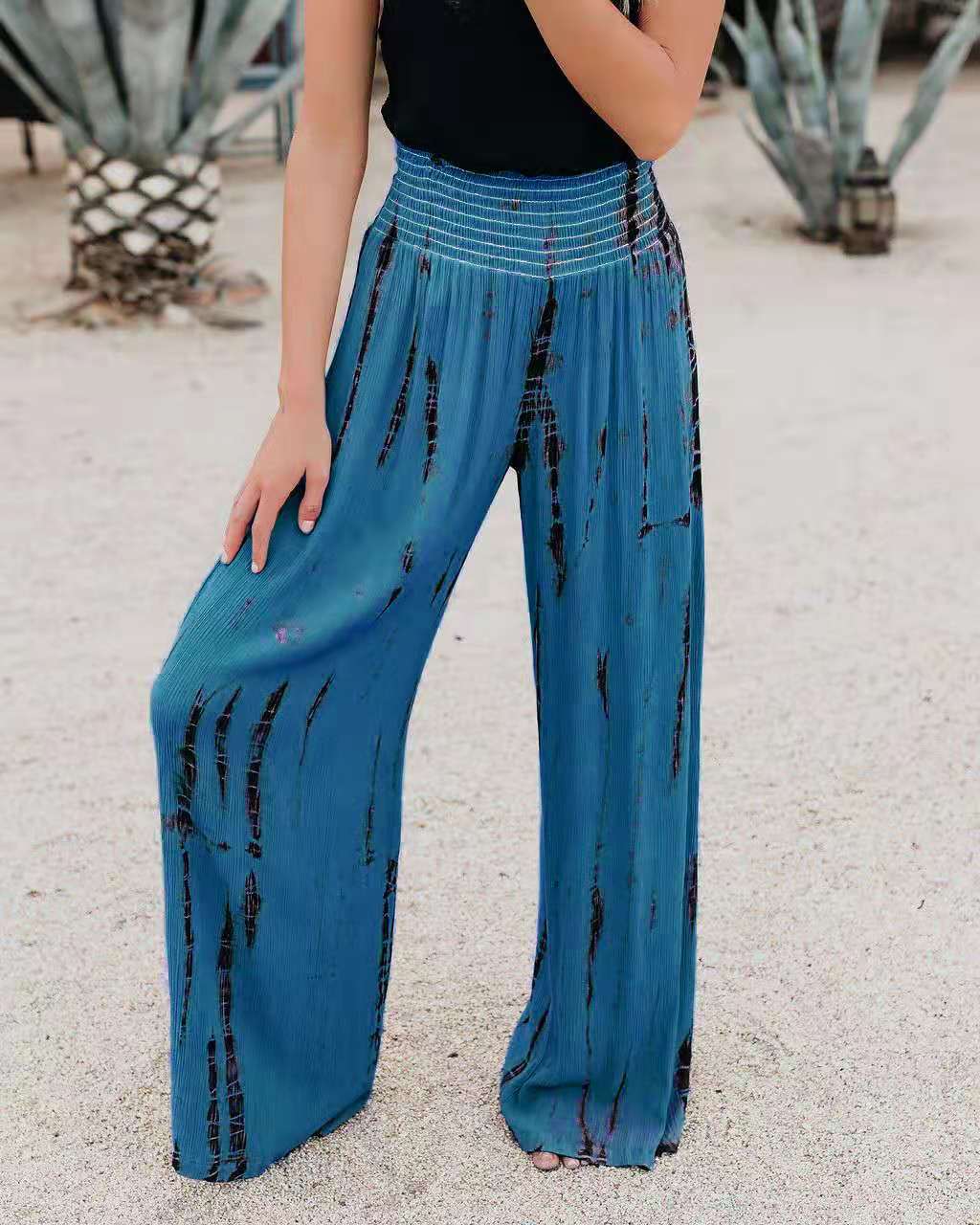 Tie Dye Smocked High Waist Palazzo Pants - Blue