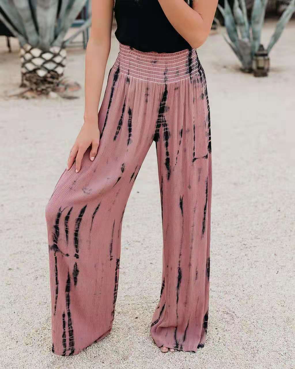 Tie Dye Smocked High Waist Palazzo Pants - Pink