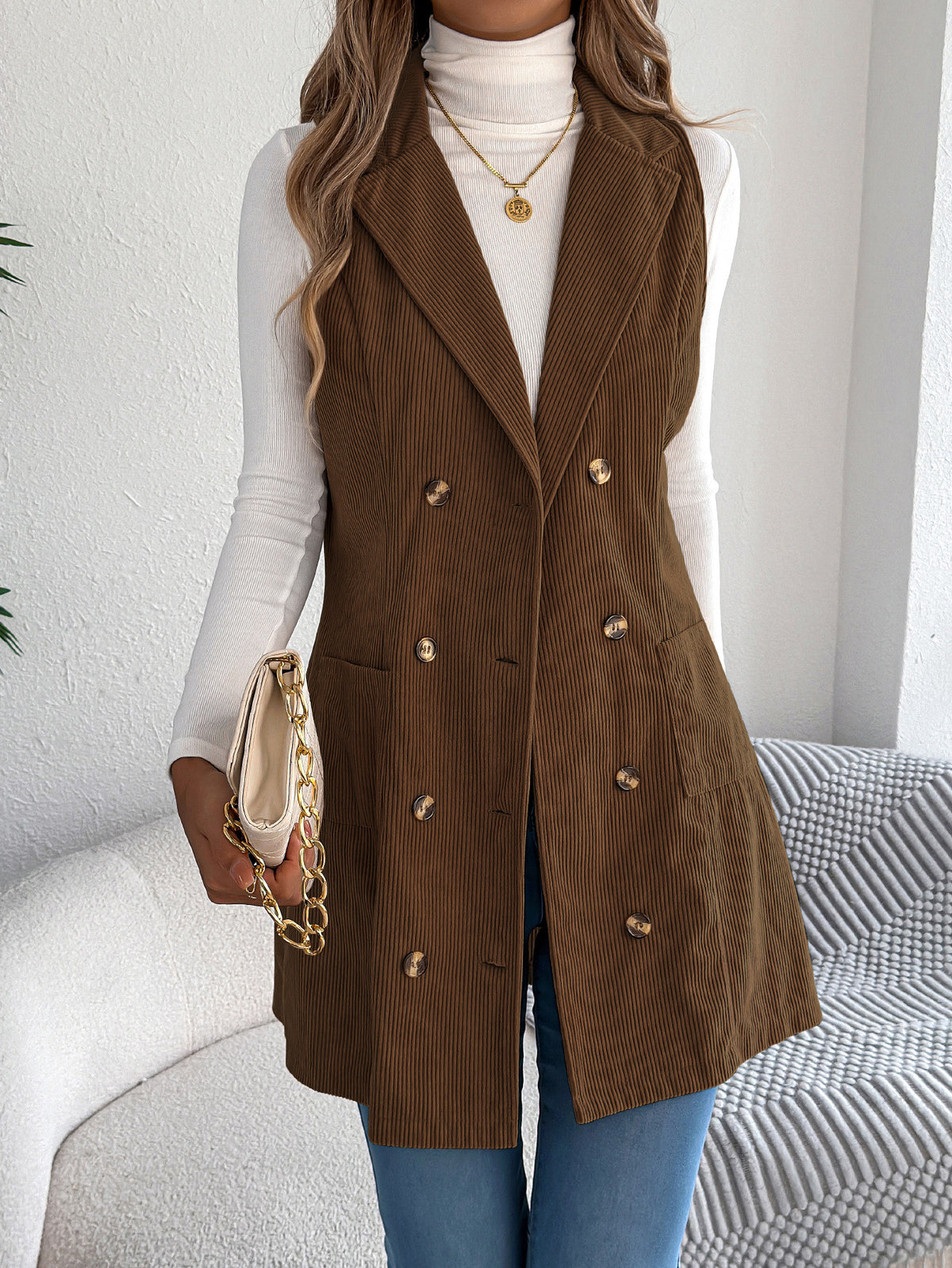 Double Breasted Corduroy Sleeveless Long Vest - Coffee