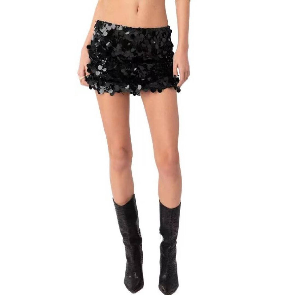 Paillette Sequin Low Rise Mini Skirt - black