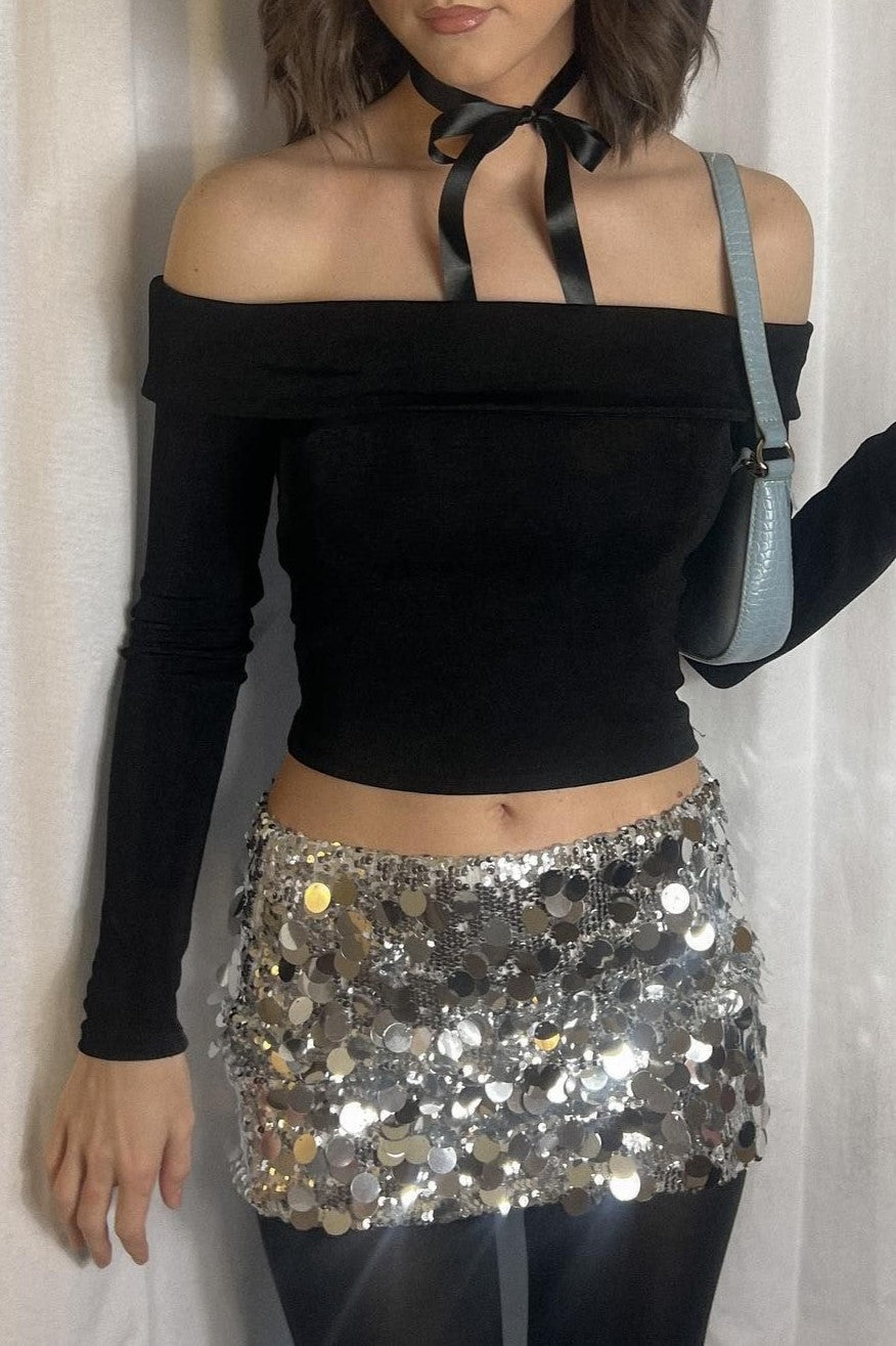 Paillette Sequin Low Rise Mini Skirt - silver01 - 1
