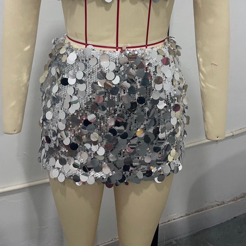 Paillette Sequin Low Rise Mini Skirt - silver01 - 3
