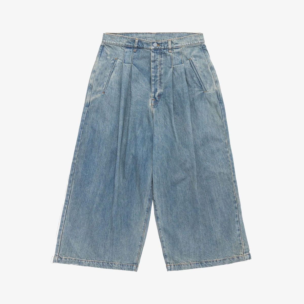 Pleated Wide Leg Denim Culotte Jeans - Blue - 1