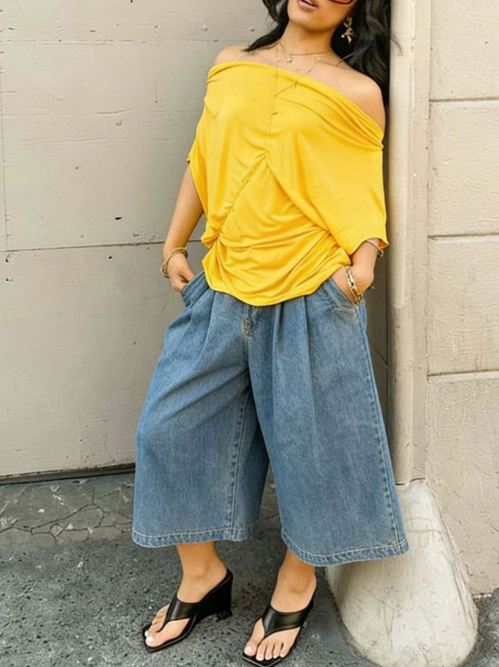 Pleated Wide Leg Denim Culotte Jeans - Blue - 3