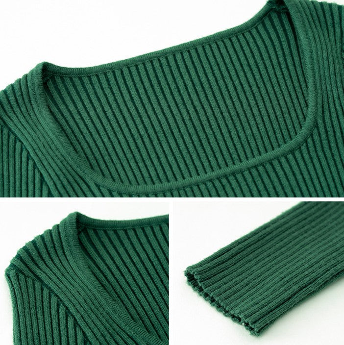 Ribbed Knit Square Neck Bodycon Midi Dress - Green - 3