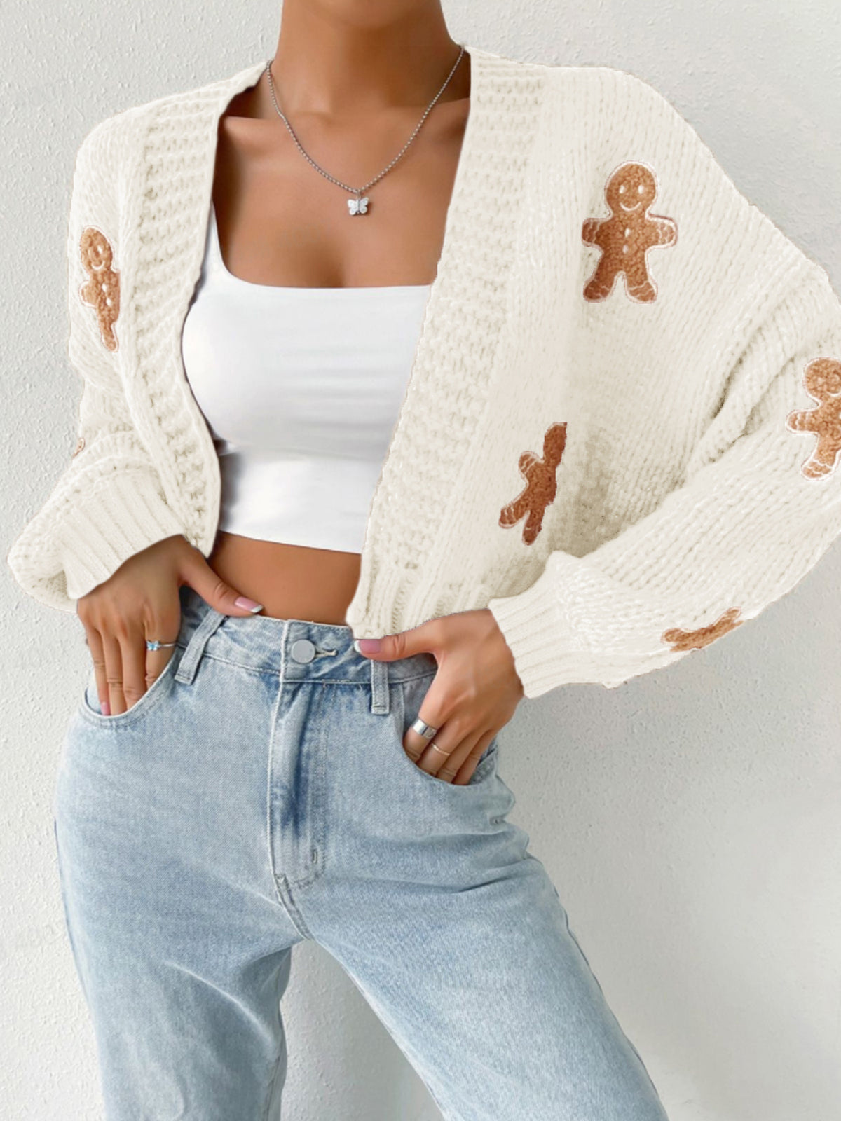 Cropped Cardigan With Gingerbread Appliques - Apricot