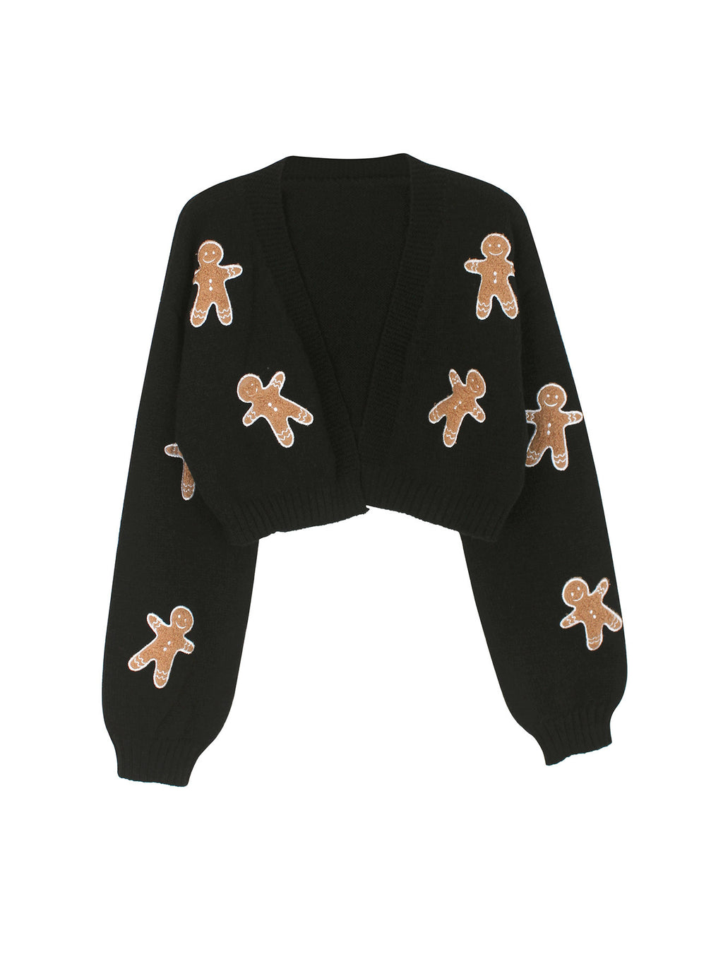 Cropped Cardigan With Gingerbread Appliques - Black - 1