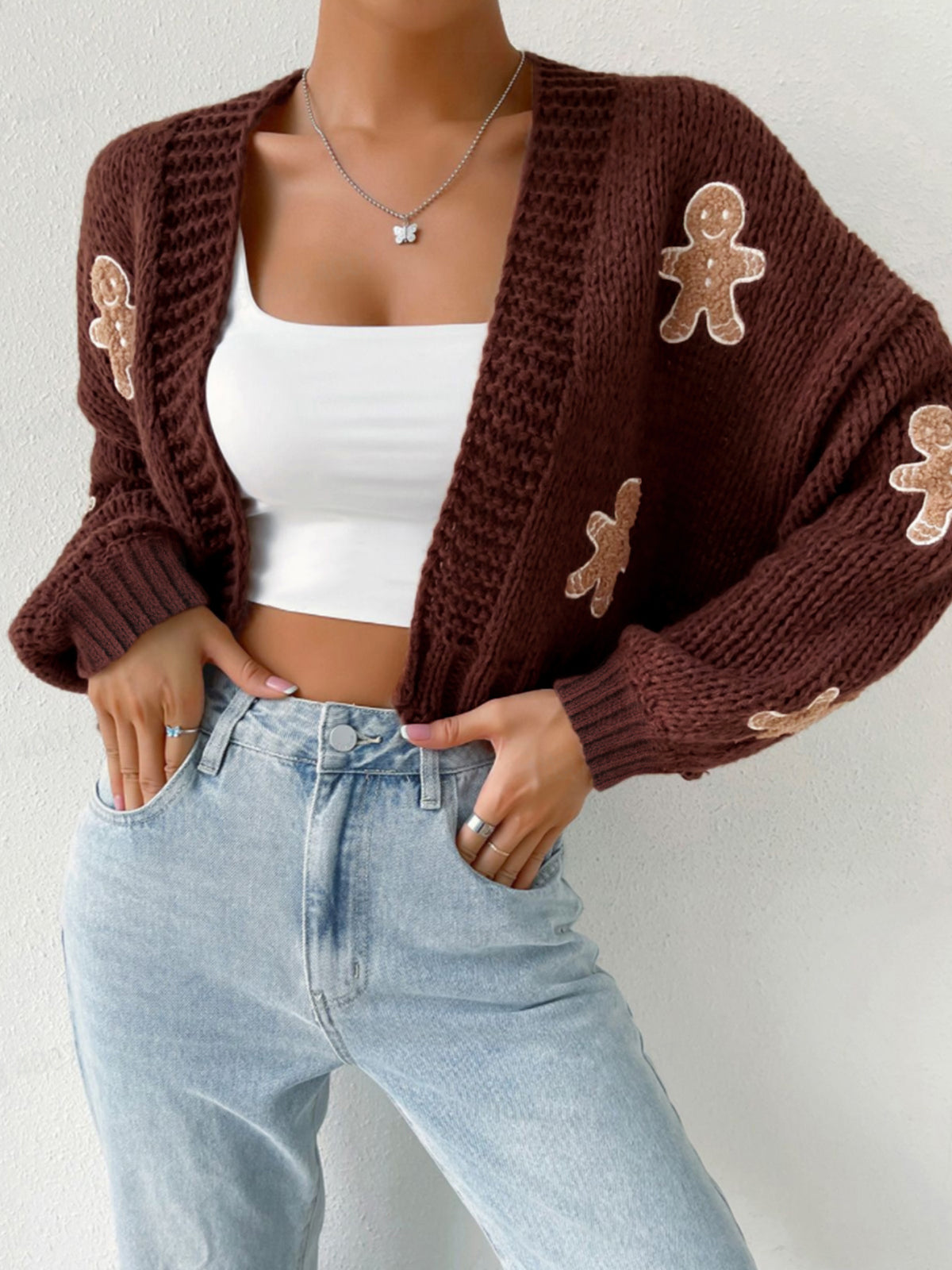 Cropped Cardigan With Gingerbread Appliques - Coffee