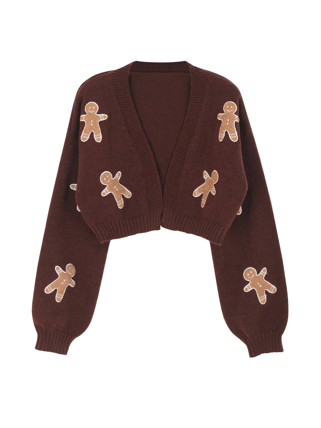Cropped Cardigan With Gingerbread Appliques - Coffee - 1
