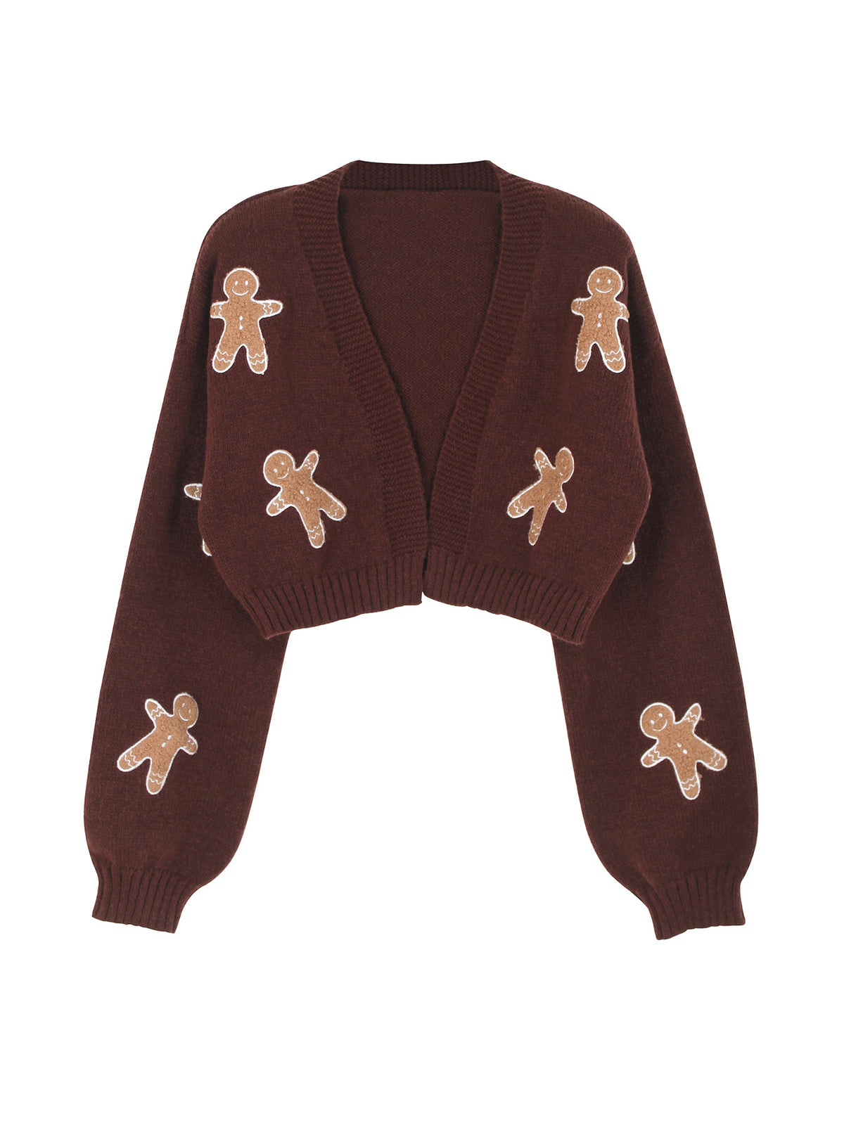 Cropped Cardigan With Gingerbread Appliques - Coffee - 1