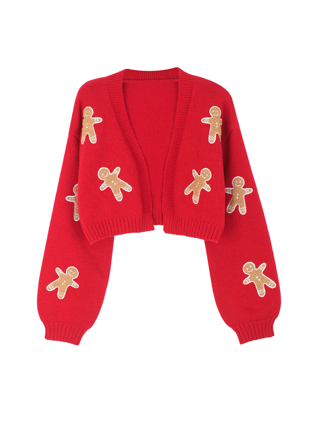 Cropped Cardigan With Gingerbread Appliques - Red - 1