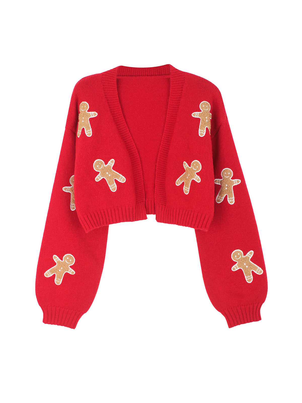 Cropped Cardigan With Gingerbread Appliques - Red - 1