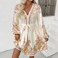Boho Paisley Balloon Sleeve Belted Mini Dress - Apricot
