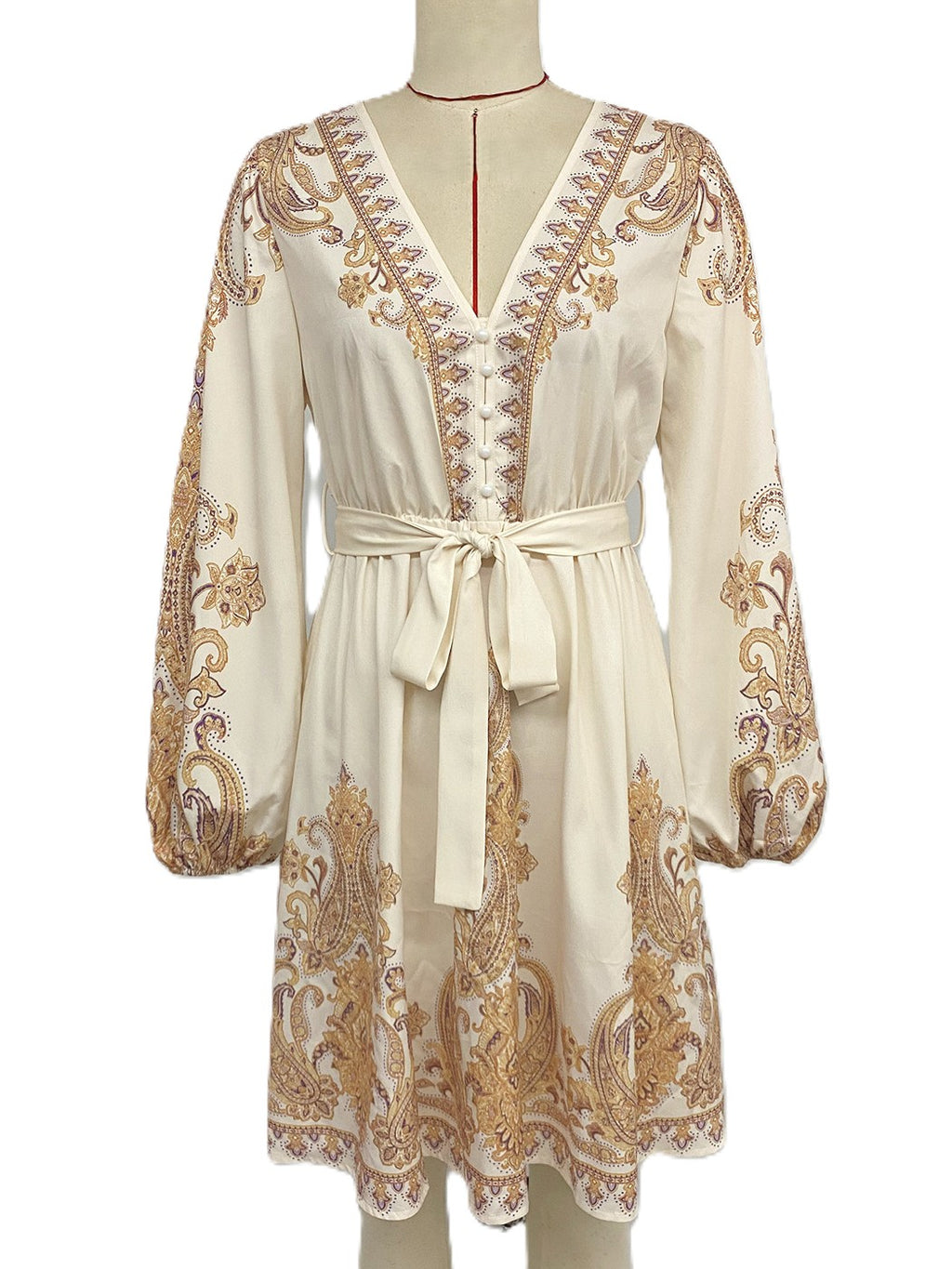 Boho Paisley Balloon Sleeve Belted Mini Dress - Apricot - 4