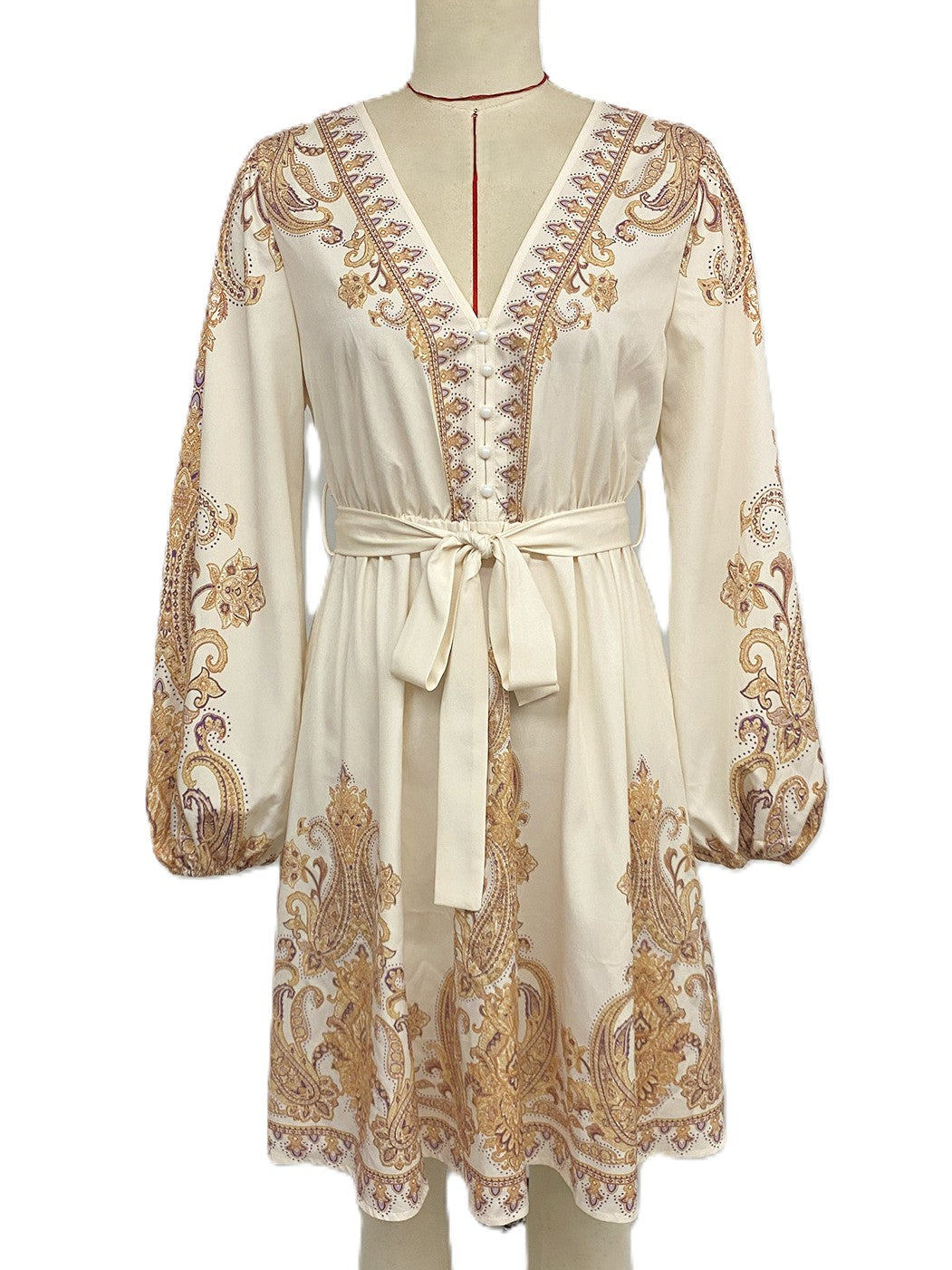 Boho Paisley Balloon Sleeve Belted Mini Dress - Apricot - 4