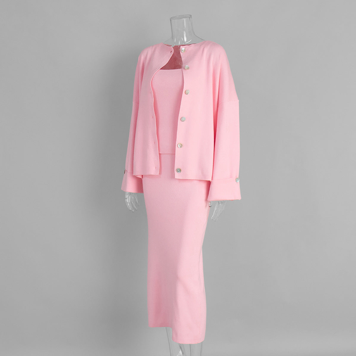 Cardigan Cami And Midi Skirt Knit Set - Pink