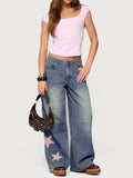 Y2K Star Patch Baggy Wide Leg Jeans - Blue